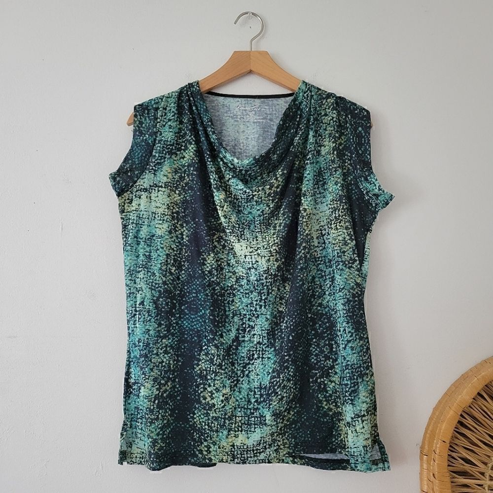 Kenneth Cole New York Green and Black Blouse Abstract Modern Print S